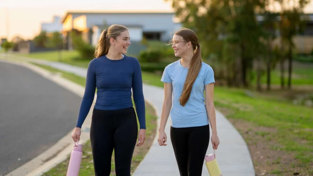Dos mujeres jóvenes caminando juntas por una senda con ropa deportiva