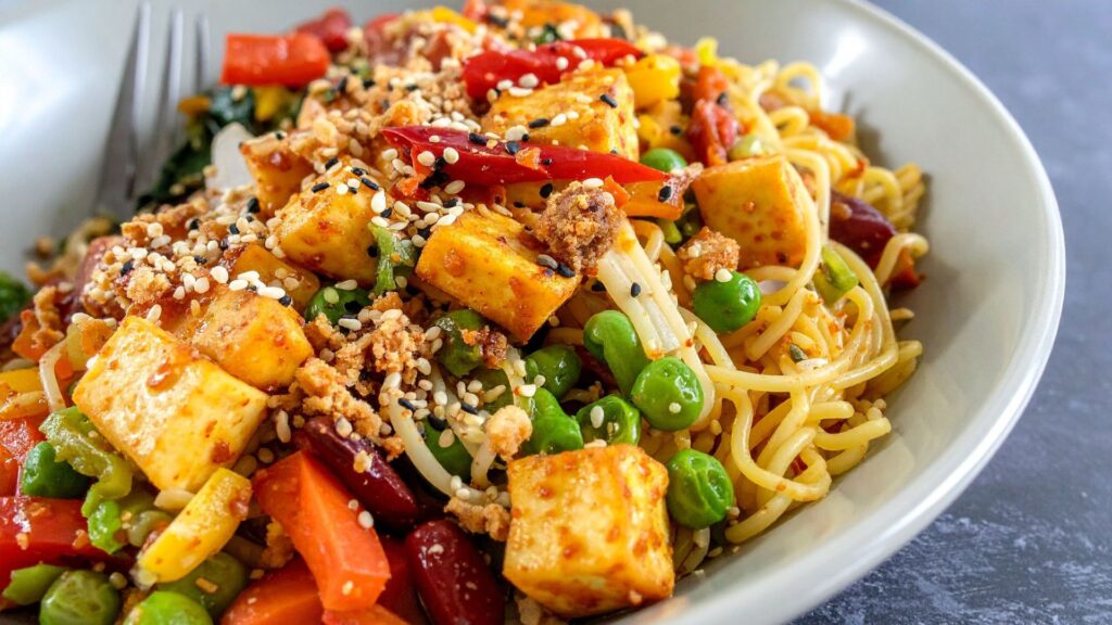 Salteado de tofu con verduras y fideos